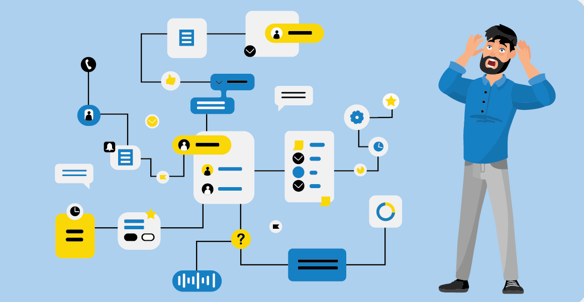 A person overwhelmed by a tangle of disconnected tools